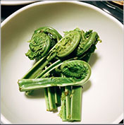 山菜、タケノコなどの個性的な野菜のグリルに汁